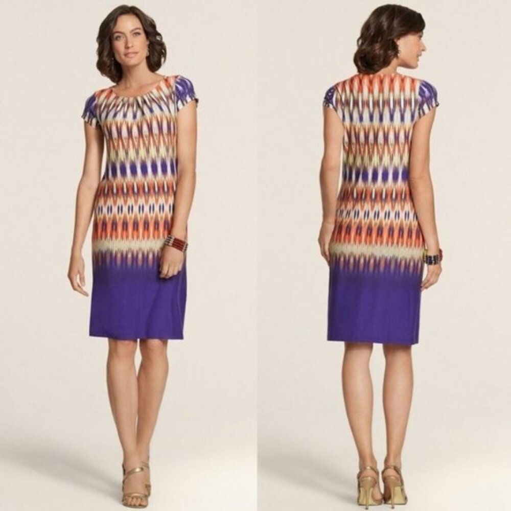 Chico's Size 2 = Large/12 Ikat Print Purple Ilana Shift Dress Soft Knit Stretch‎